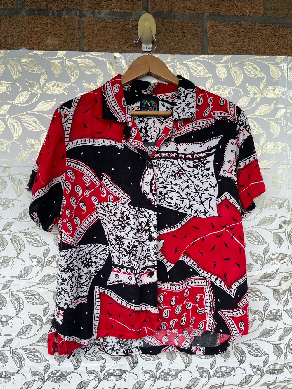 Jams World Bandana Print Rayon Shirt Large Vintage Retro Red Black Patchwork